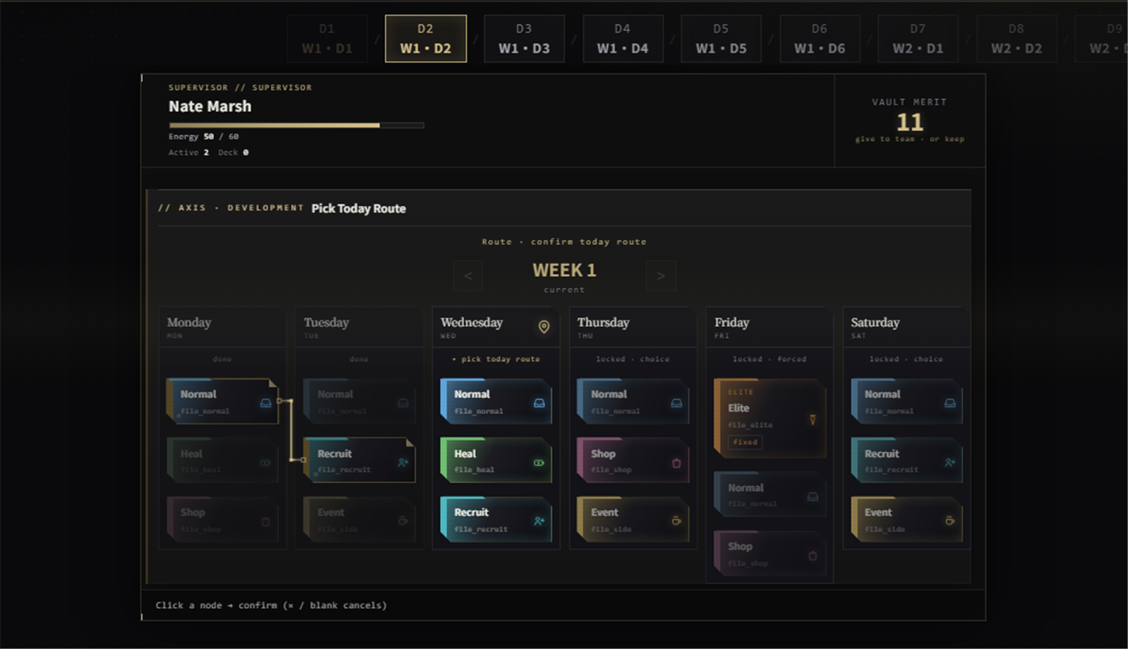SEVEIL post-battle weekly route planner showing schedule, team energy, merit, and encounter choices