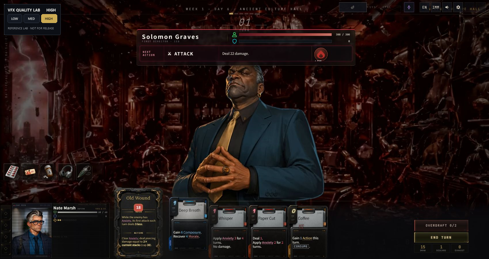 SEVEIL three-tier VFX quality lab running against real cards in a live boss battle